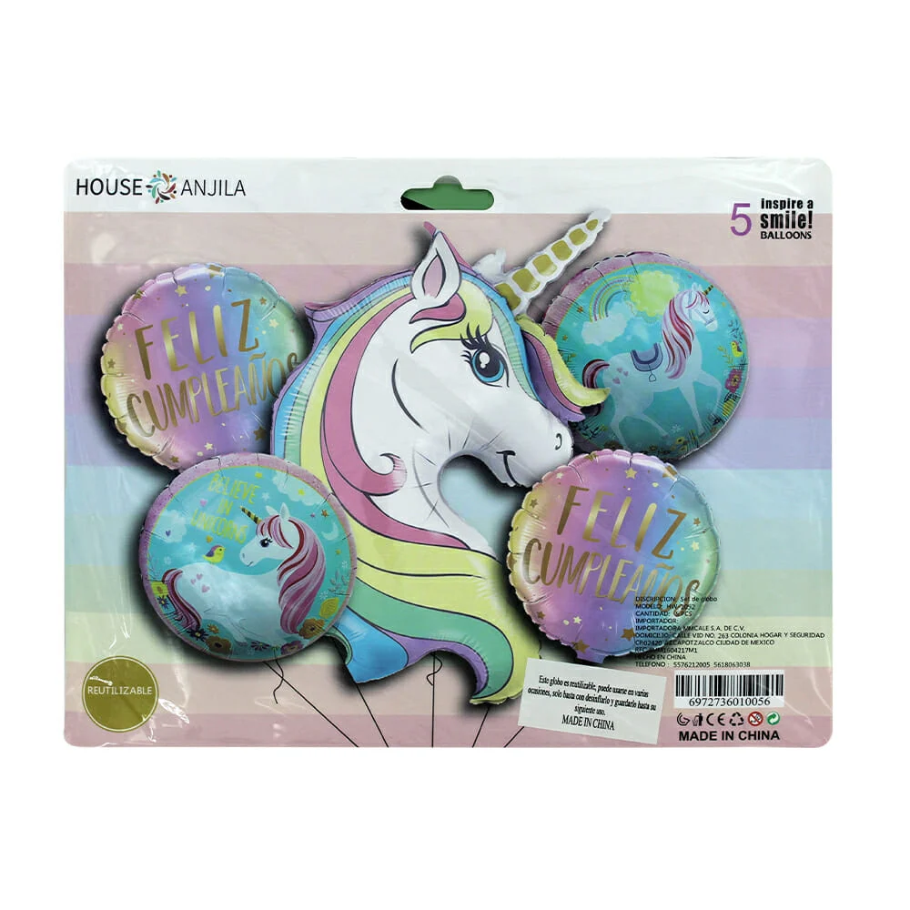 Set 5 globos con diseño de unicornio arcoíris hw-1092