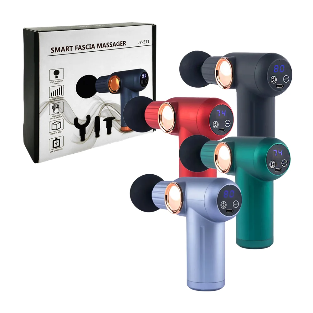 Pistola masajeadora recargable, con 4 cabezales intercambiables, colores varios