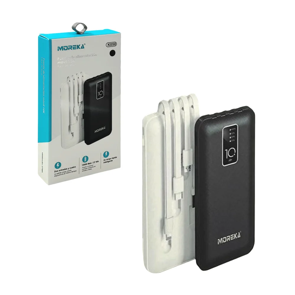 Power bank / batería portátil moreka con puerto usb + cable usb, v8, tipo c y lightning / k050