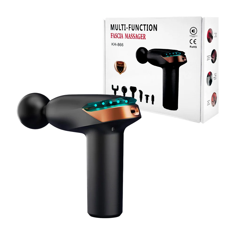 Pistola masajeadora recargable, con 6 cabezales intercambiables, colores varios
