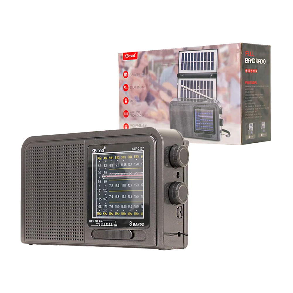 1pza Bocina inalámbrica recargable con antena metálica, perillas de función laterales y panel solar plegable, variedad de colores / ktf-2157 / kbroad