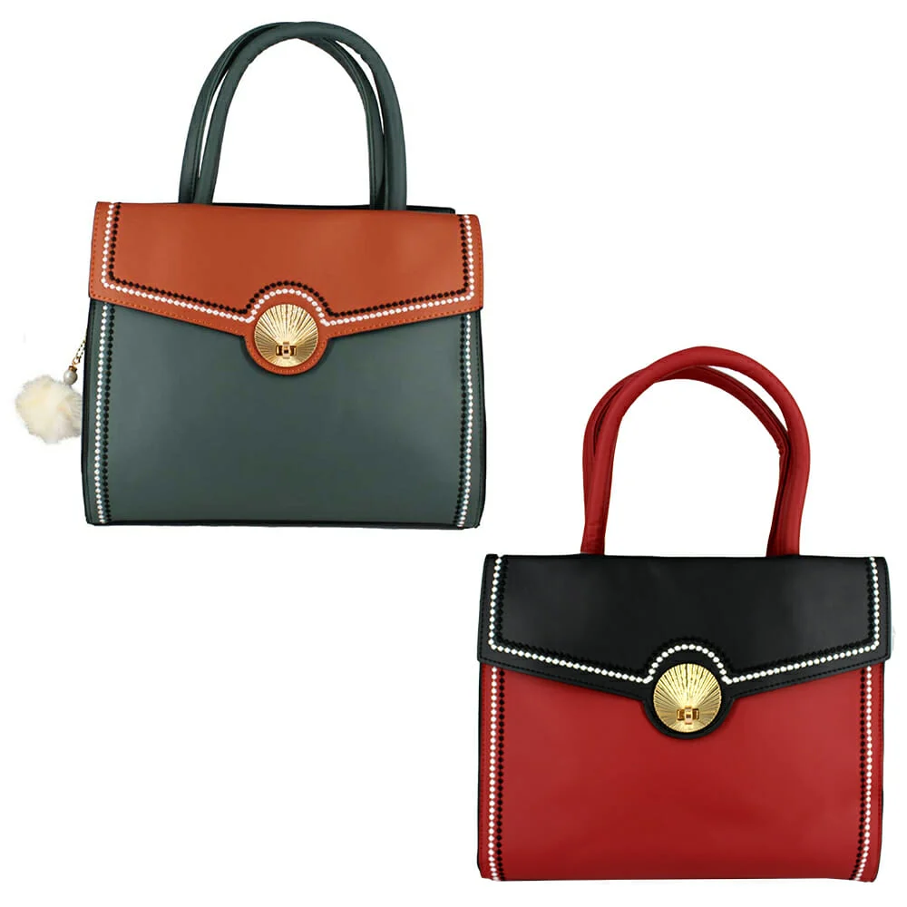 Bolsa de mano para dama bicolor con diseño en puntos, costuras y detalle en color dorado, variedad de colores / lk-937 / R0X180