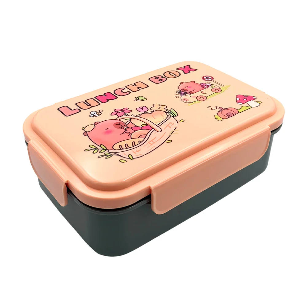 1pza tupper rectangular de plástico con mini tupper interno, cuchara plegable y estampado de capibara, variedad de modelos / lunch box / lu1605