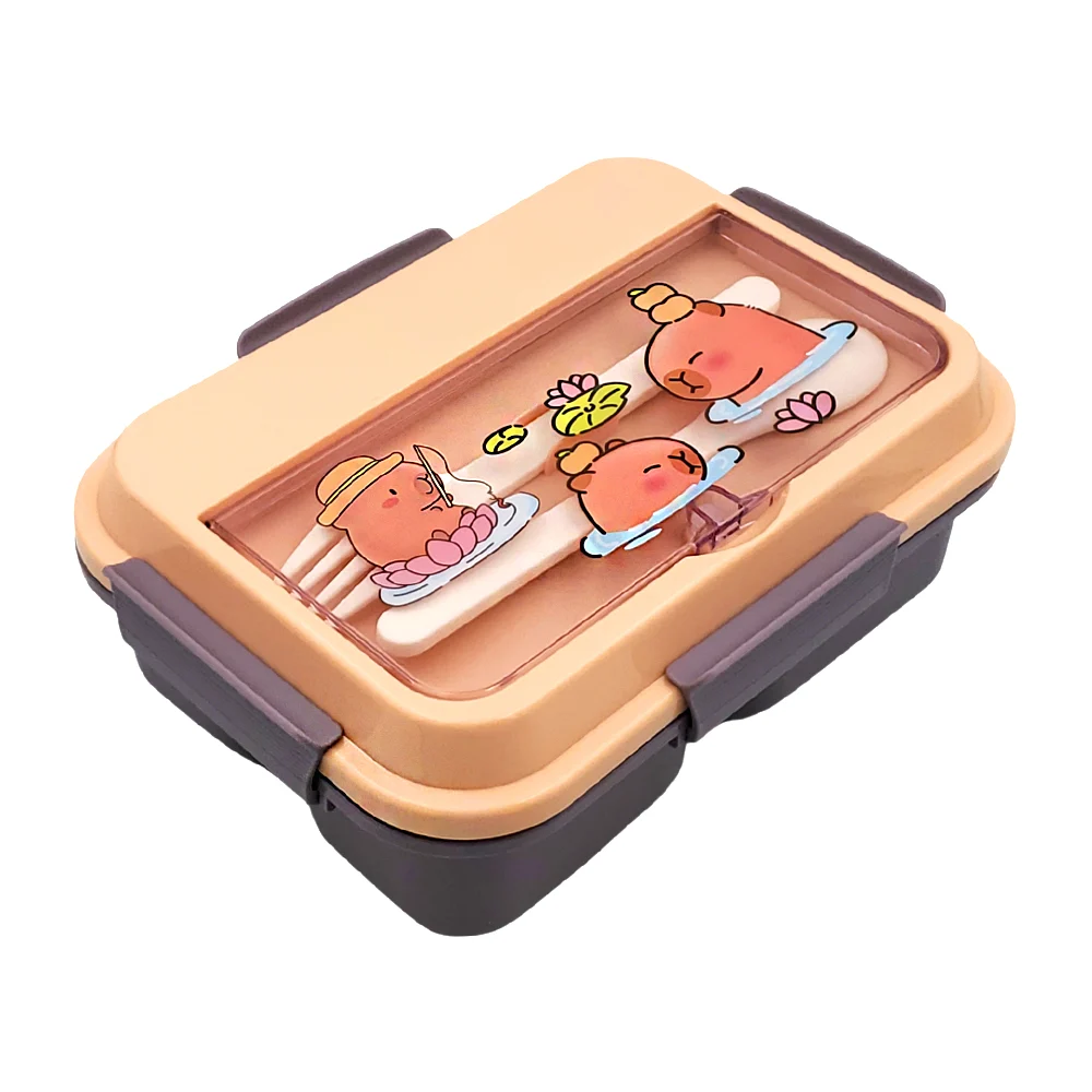 1pza tupper rectangular grande con 4 compartimientos, cuchara, tenedor, mini tupper interno y estampado de capibara, variedad de diseños / lu1611 / capybara