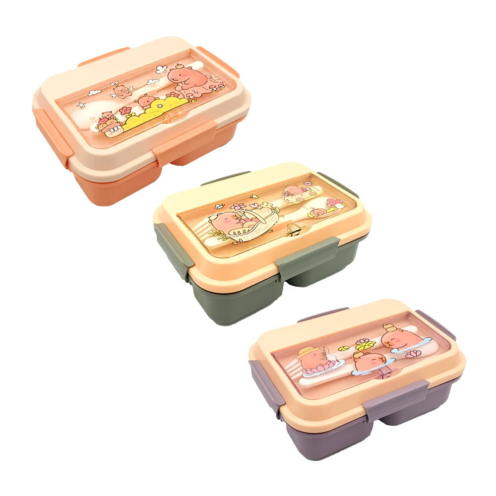 1pza tupper rectangular grande con 4 compartimientos, cuchara, tenedor, mini tupper interno y estampado de capibara, variedad de diseños / lu1611 / capybara