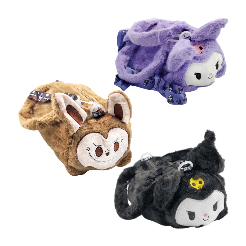 Bolsa afelpada pequeña cilíndrica con diseño animado + correa estampada