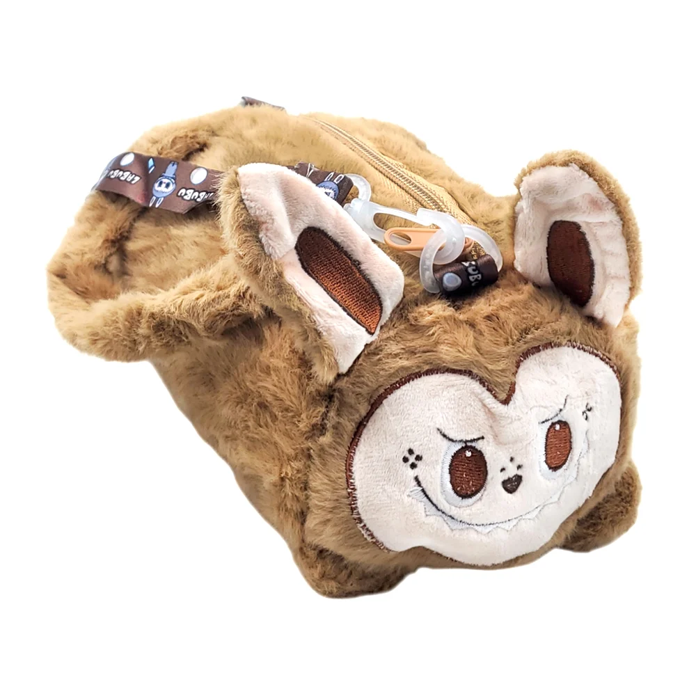 Bolsa afelpada pequeña cilíndrica con diseño animado + correa estampada