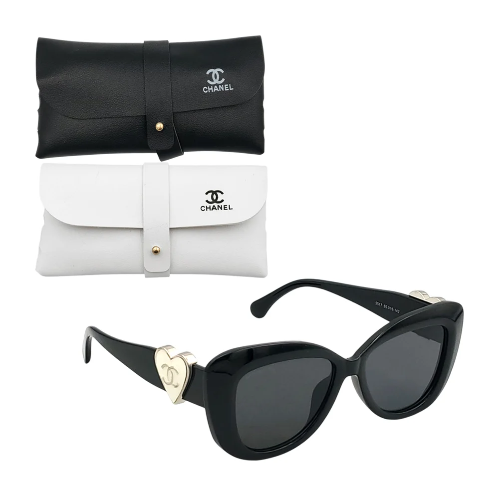 1pza Lentes de sol opacos con armazón de plástico, estuche tipo cuero y decoración en forma de corazones, variedad de colores / chanel / lu9427
