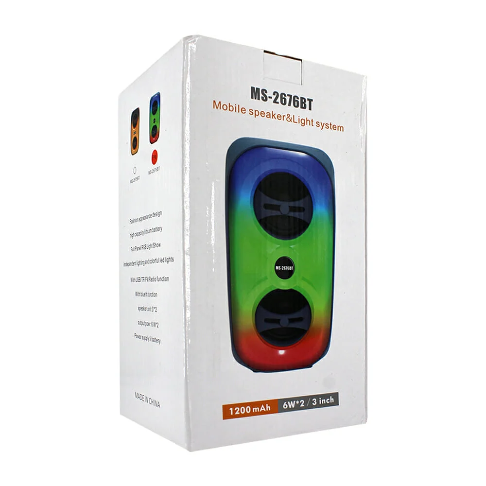 Bocina bluetooth con doble amplificador, luz rgb y radio fm / ms-2676bt