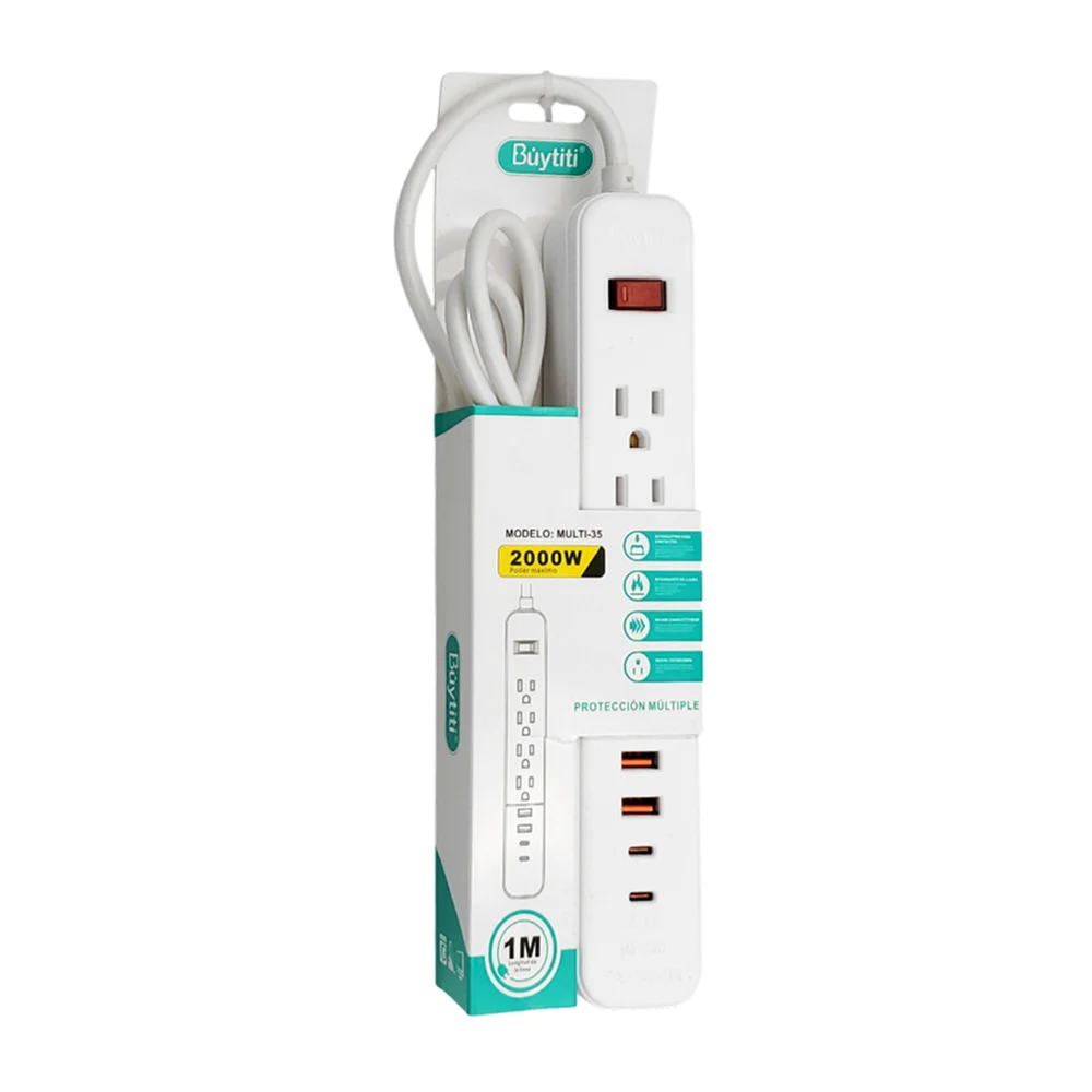 1pza Barra multicontacto / extensión rectangular con 4 tomacorrientes, 2 entradas usb y 2 tipo c, variedad de usos / 2000w / multi-35