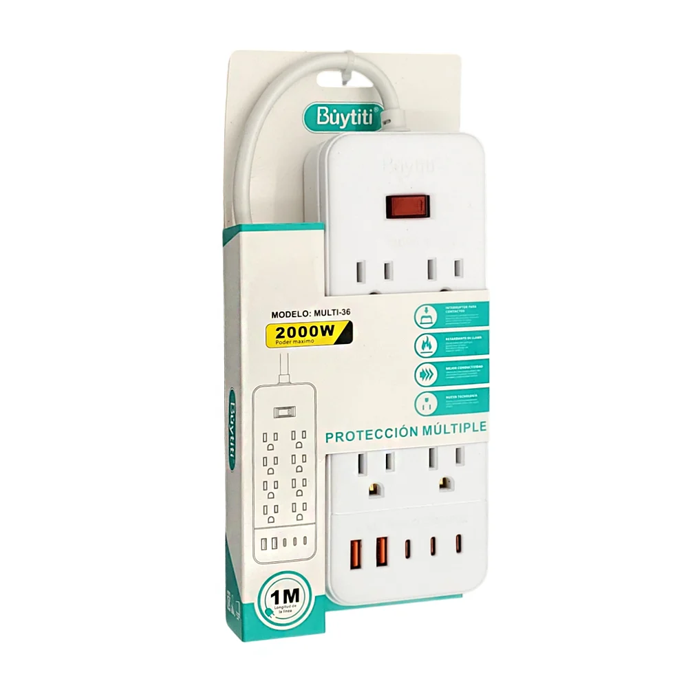 1pza Barra multicontacto / extensión buytiti rectangular con 8 tomacorrientes, 2 entradas usb y 3 tipo c, variedad de usos / 2000w / multi-36