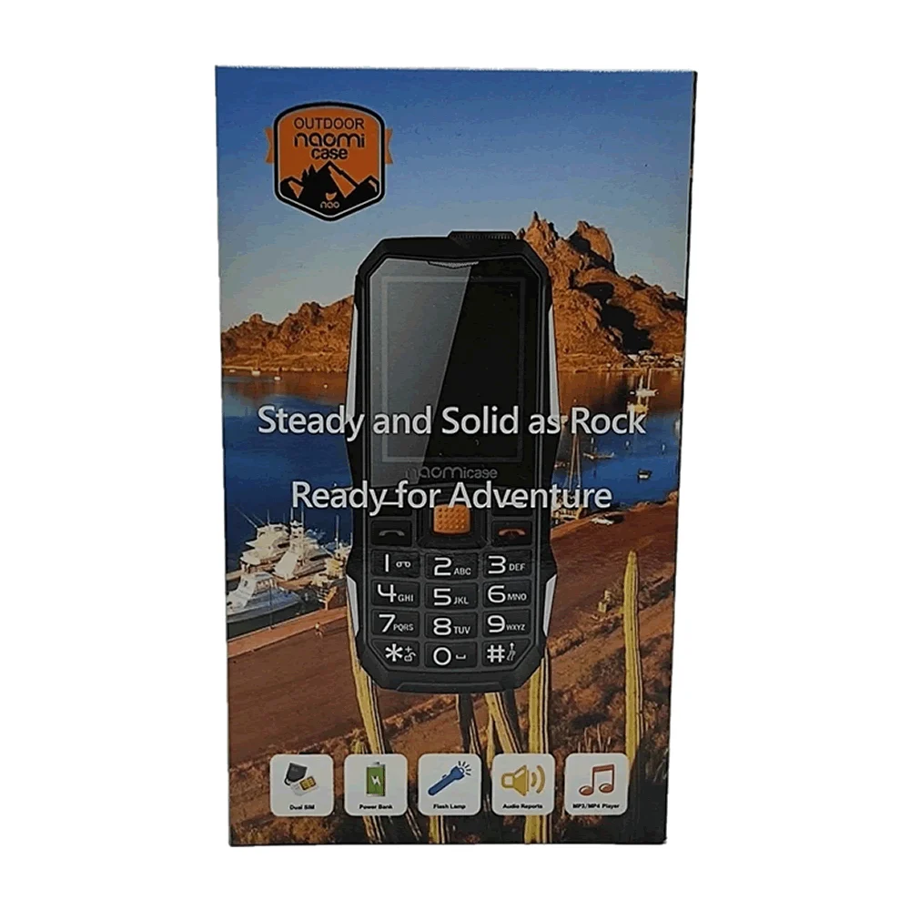 Celular naomi case dual sim de uso rudo modelo np6800 con 32gb de almacenamiento interno, lámpara y funcion de power bank 4800mah / np6800