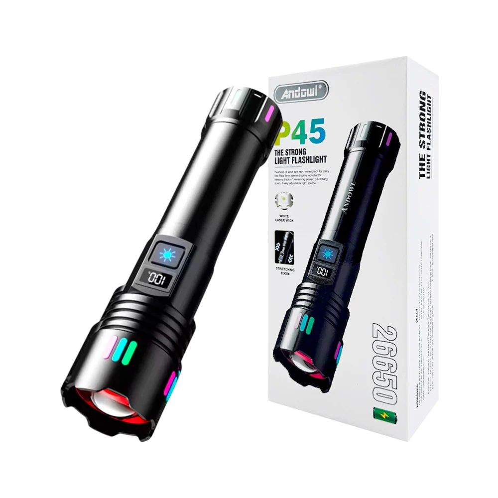 Linterna de mano pantalla led, batería de 26650 recargable, uso rudo / p45