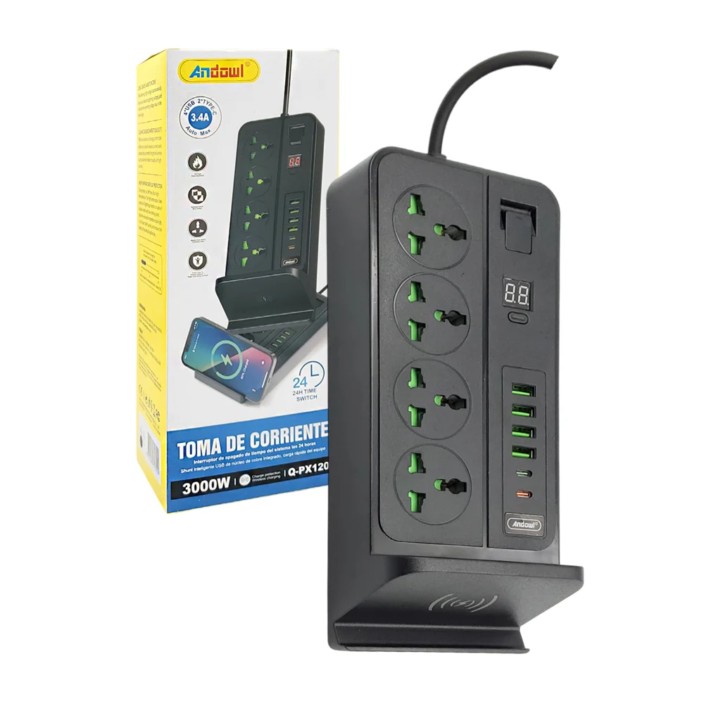 Multicontacto con 4 conectores universales, 4 usb, 2 usb-c, soporte inalámbrico