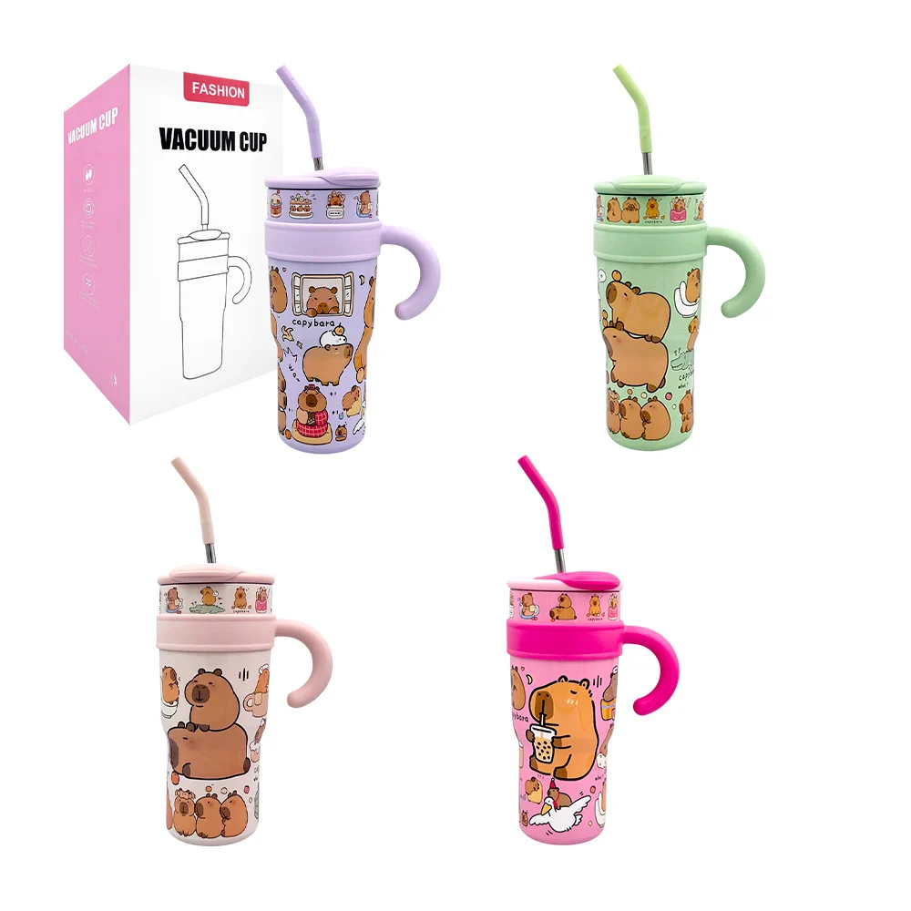 Termo metálico grande con asa agarradera, tapadera y estampado de capibara