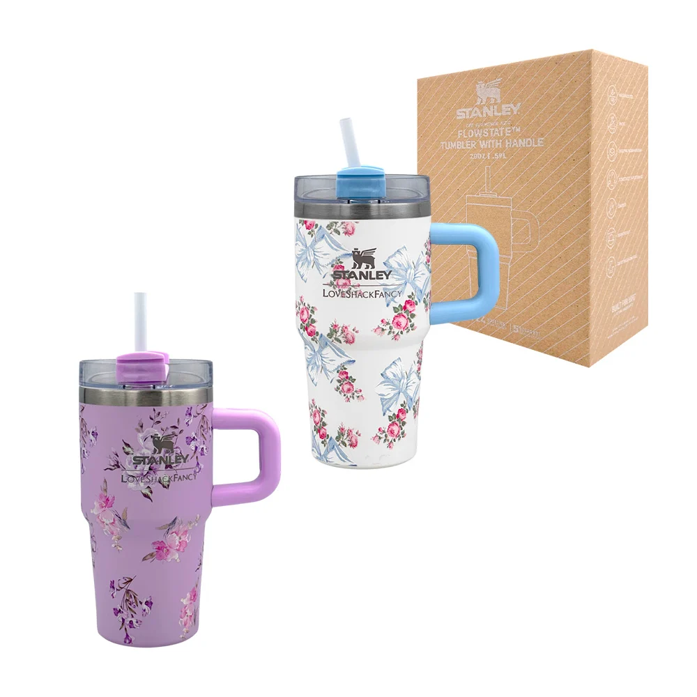 Termo metálico con asa agarradera y estampado de flores y moño, modelos varios