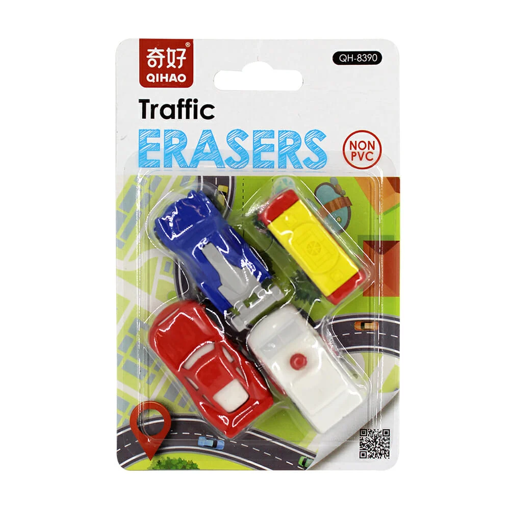 Blister 4pza borradores kawaii, variedad de vehículos qh-8390