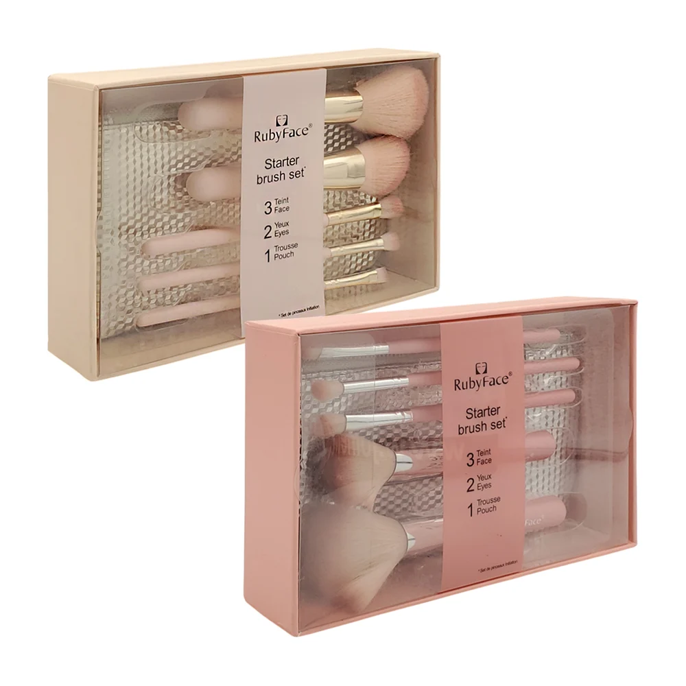 Kit con 5 brochas de diversos tamaños para maquillaje + cosmetiquera con efecto metálico, variedad de colores / ruby face / starter brush set / sf05