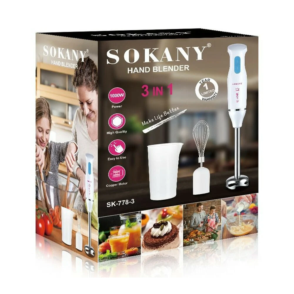Batidora de mano 3 en 1 con vaso medidor, varillas para batir, mezclar y emulsionar, potencia de 1000w y velocidad ajustable / sk-778-3 / sokany / hand blender