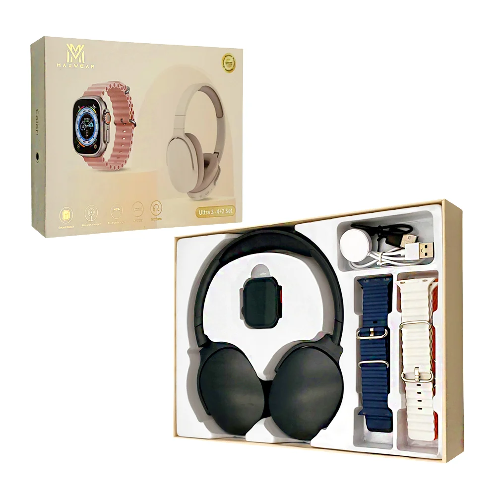 Smart watch ultra con 4 correas intercambiables + audifonos diadema, surtido