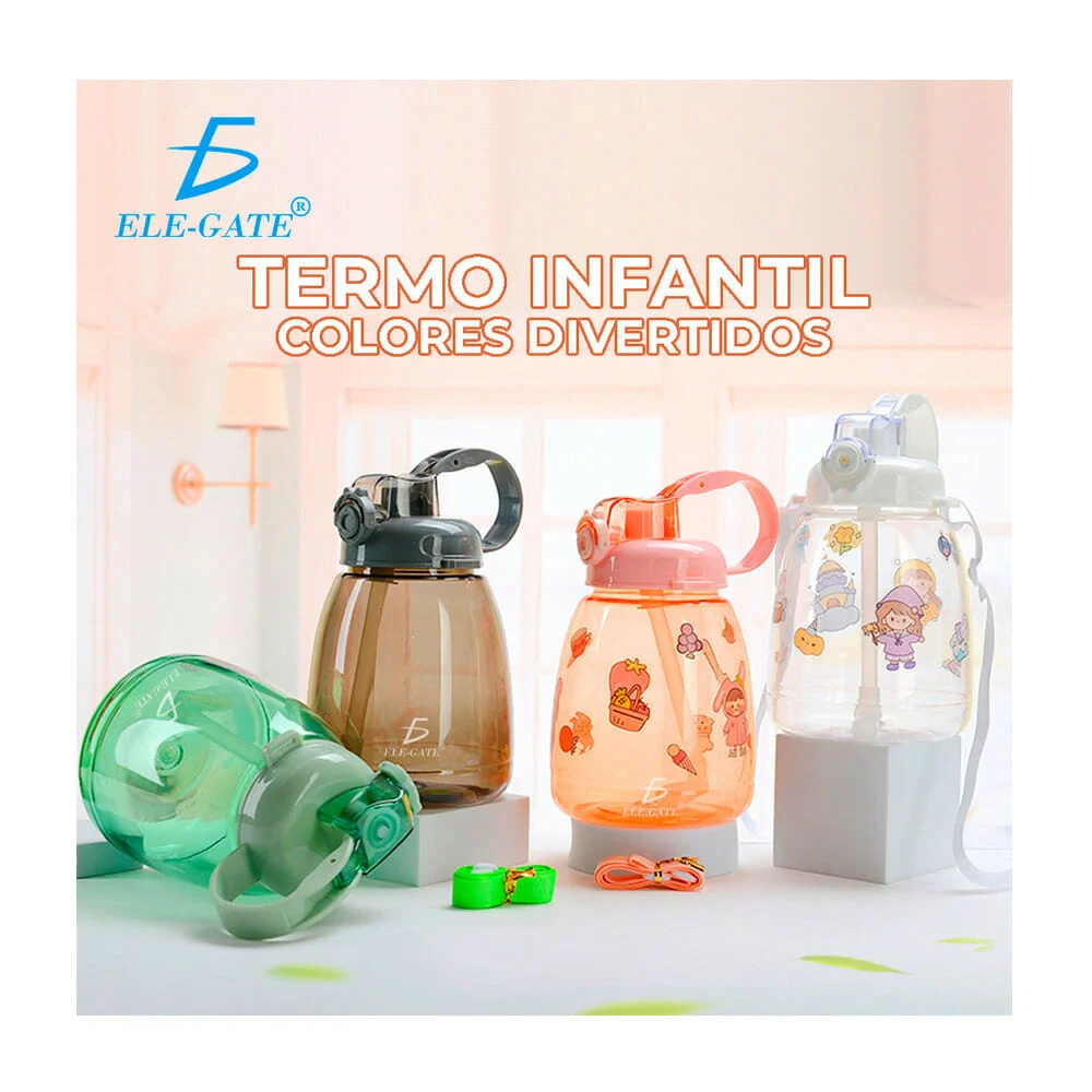 Botella para niños, capacidad de 1.3 lt, con asa, correa, popote y stickers decorativos, cierre hermético sin derrames, variedad de colores y diseños
