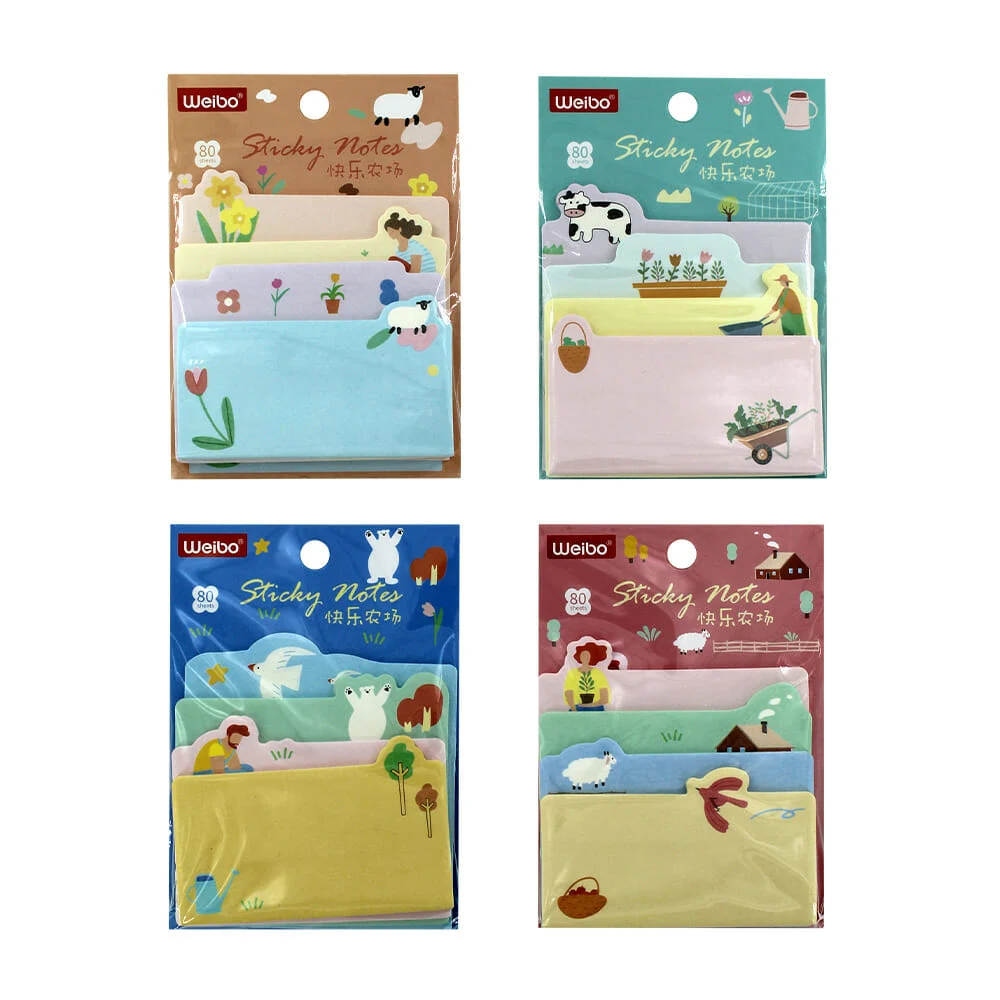 Blister 4 post-it / notas adhesivas con diseño de granja kawaii