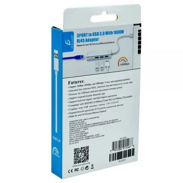 Hub de 3 entradas, usb 2.0, entrada lan para windows o mac, multifuncional / wl.32.3.0