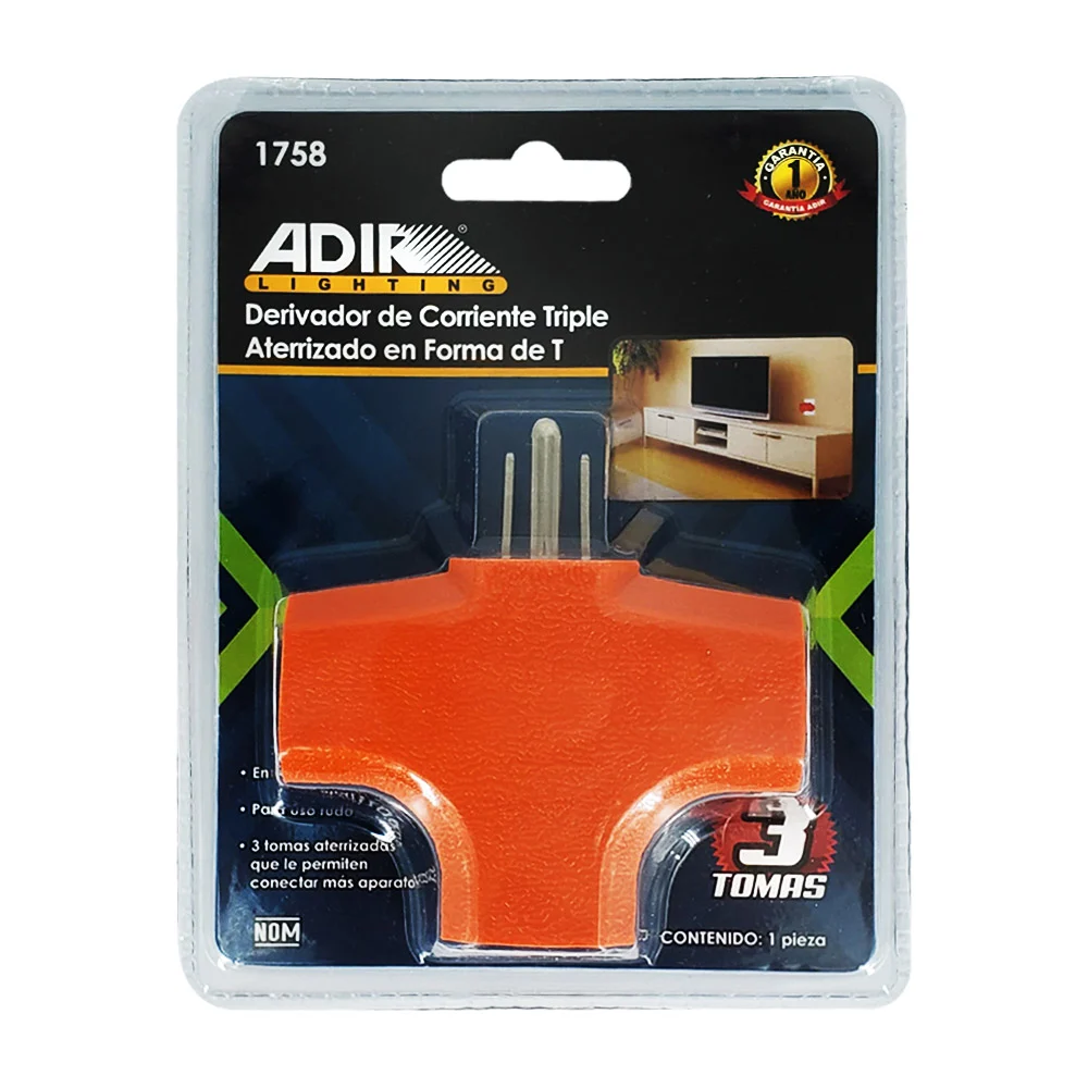 Adaptador derivador de corriente en forma de "t" con 3 tomacorrientes / adir
