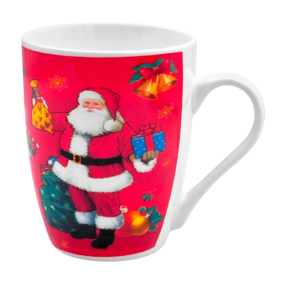Taza de cerámica con estampado navideño de santa con regalos y frase