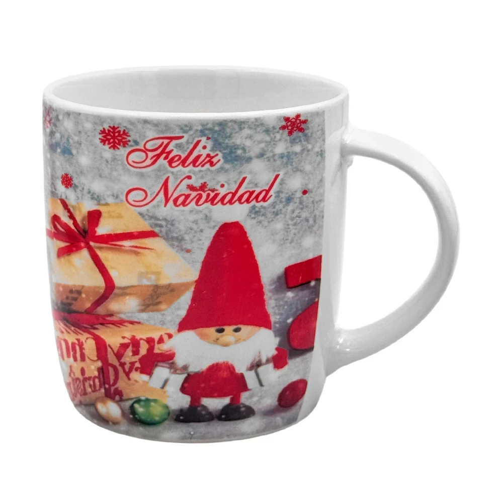 Taza de cerámica con estampado navideño de duende con regalos y frase