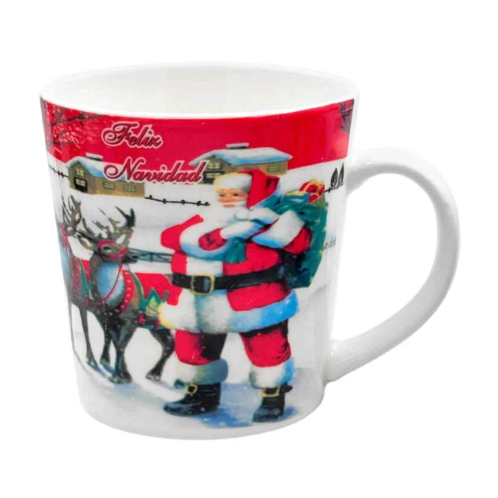 Taza de cerámica con estampado navideño de santa claus con renos y frase