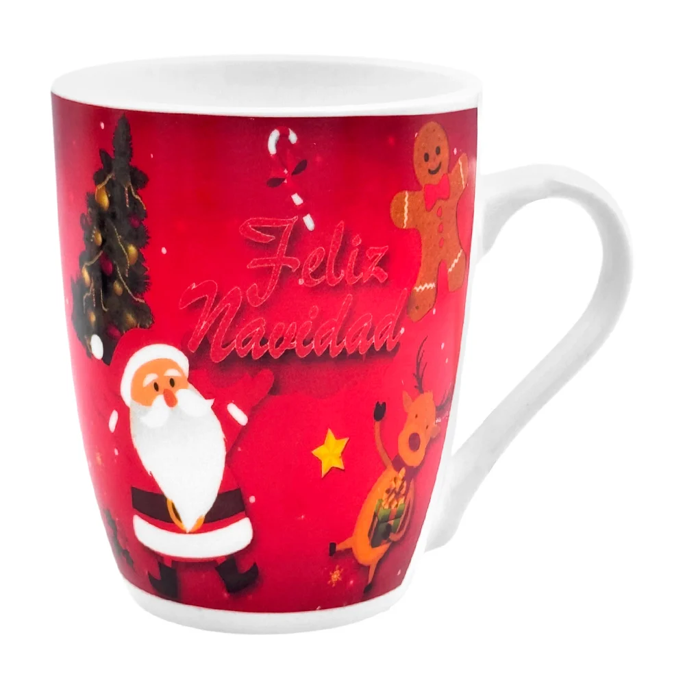 Taza de cerámica con estampado navideño de personajes de la navidad con frase