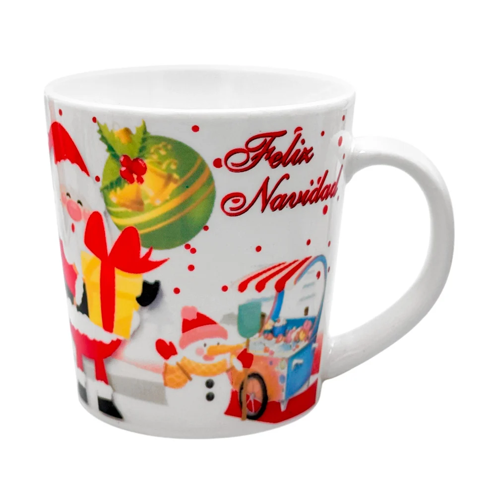 Taza de cerámica con estampado navideño de santa claus con regalos y frase