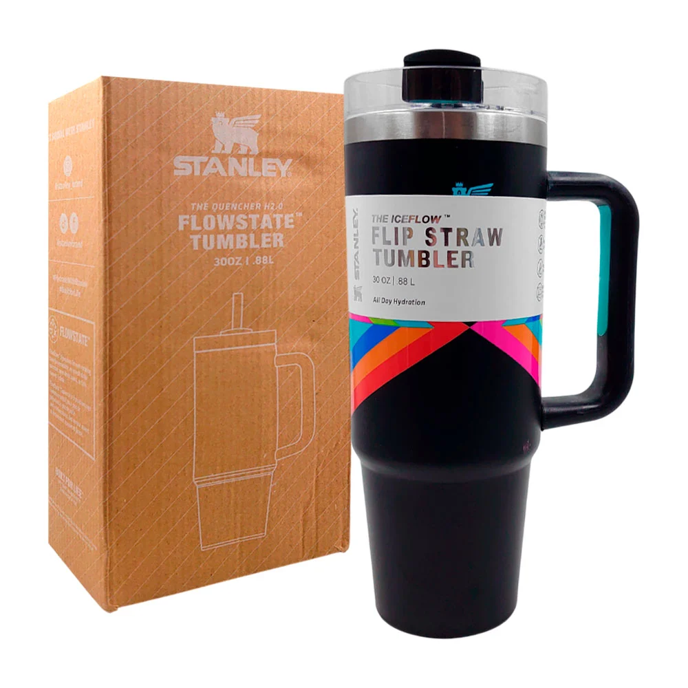 Termo de acero inoxidable de 30oz-.88L con asa y estampado de lineas multicolor