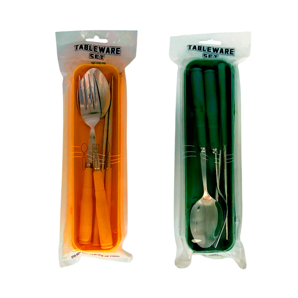 Estuche de cubiertos metálicos con cuchara, tenedor y palillos / 330ek