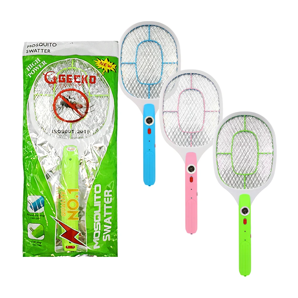 Raqueta mata mosquitos gecko recargable + linterna en el mango, color surtido