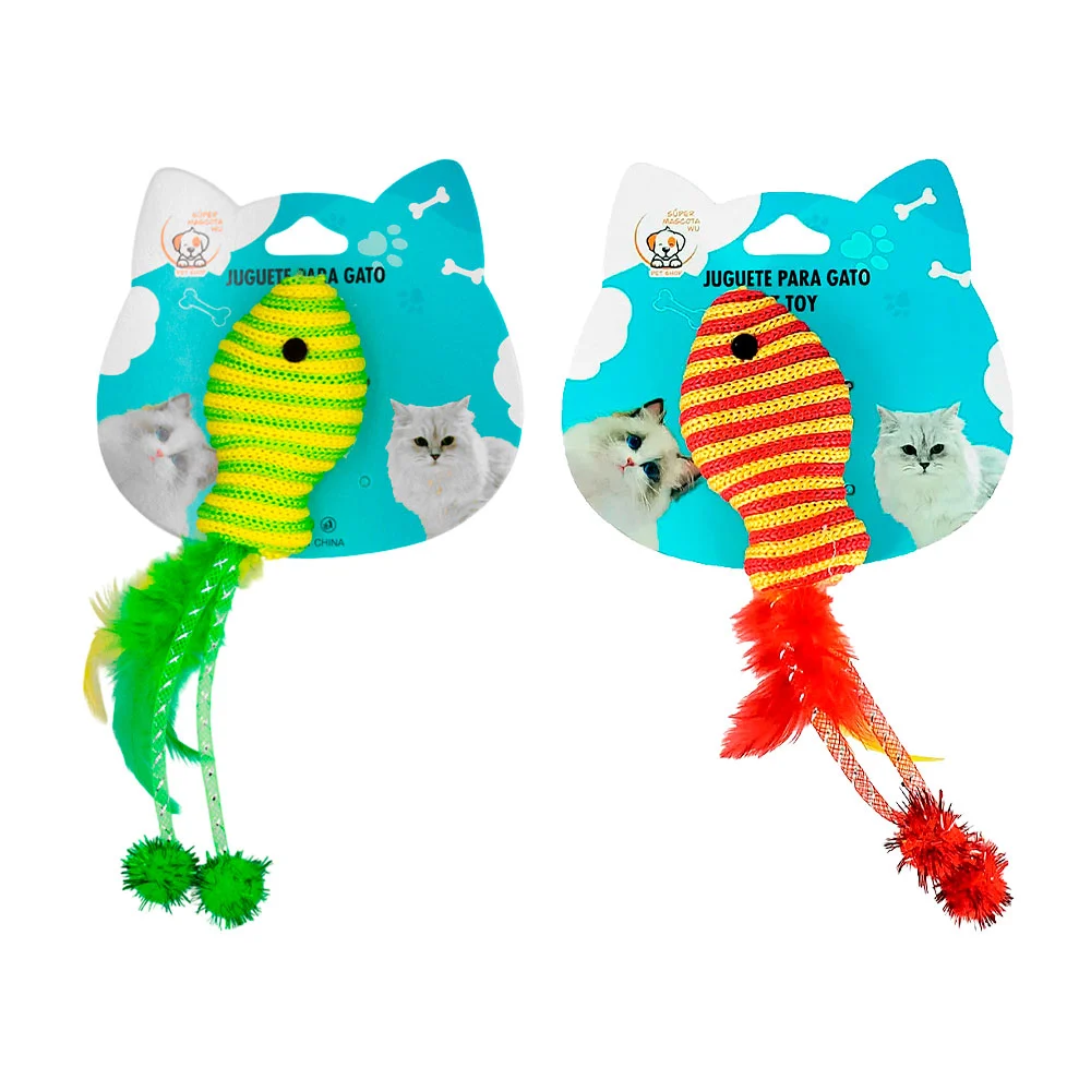 Juguete pequeño hilado para gato en forma de pescadito con plumas llamativas