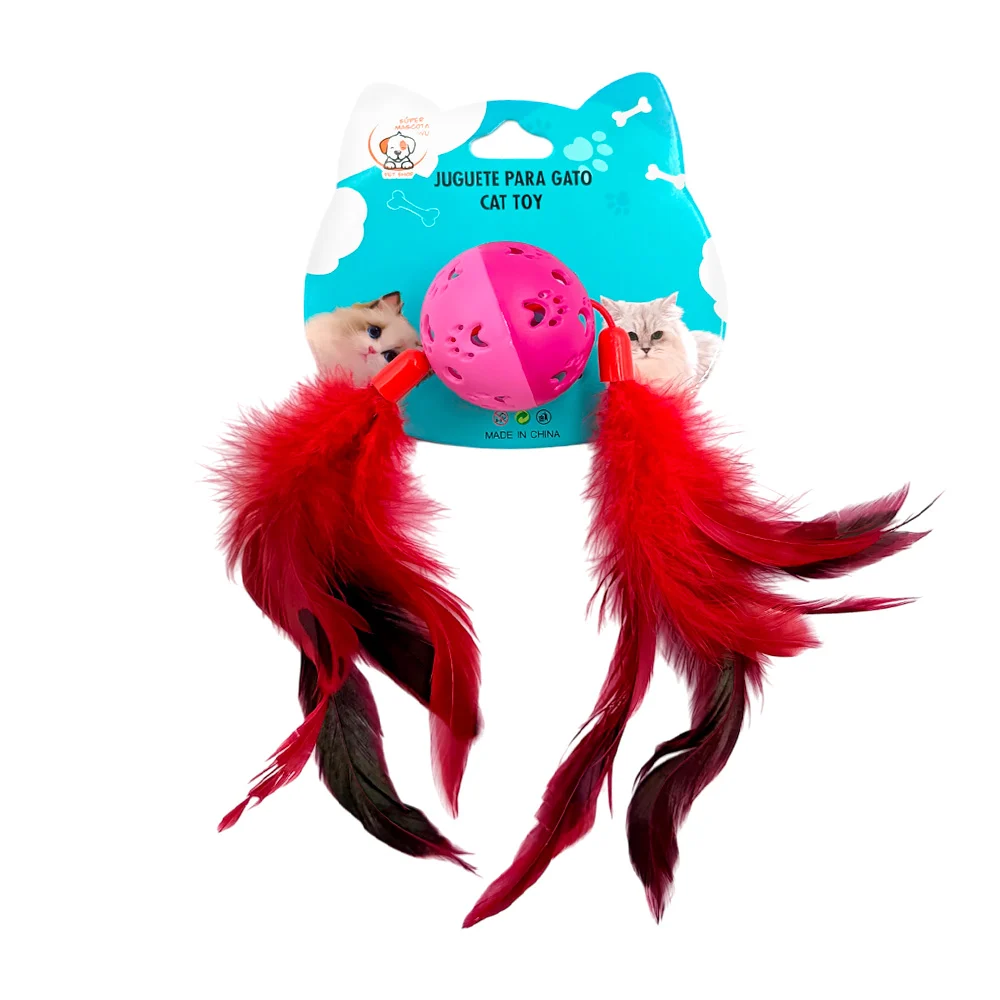 1pza Juguete pelotita para gatos con plumas llamativas, colores varios