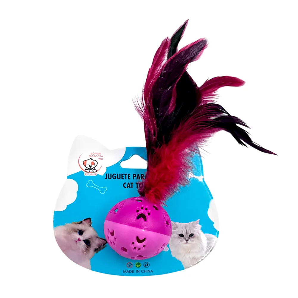 Juguete pequeño para gatos con forma de pelota, cascabel y plumas llamativas