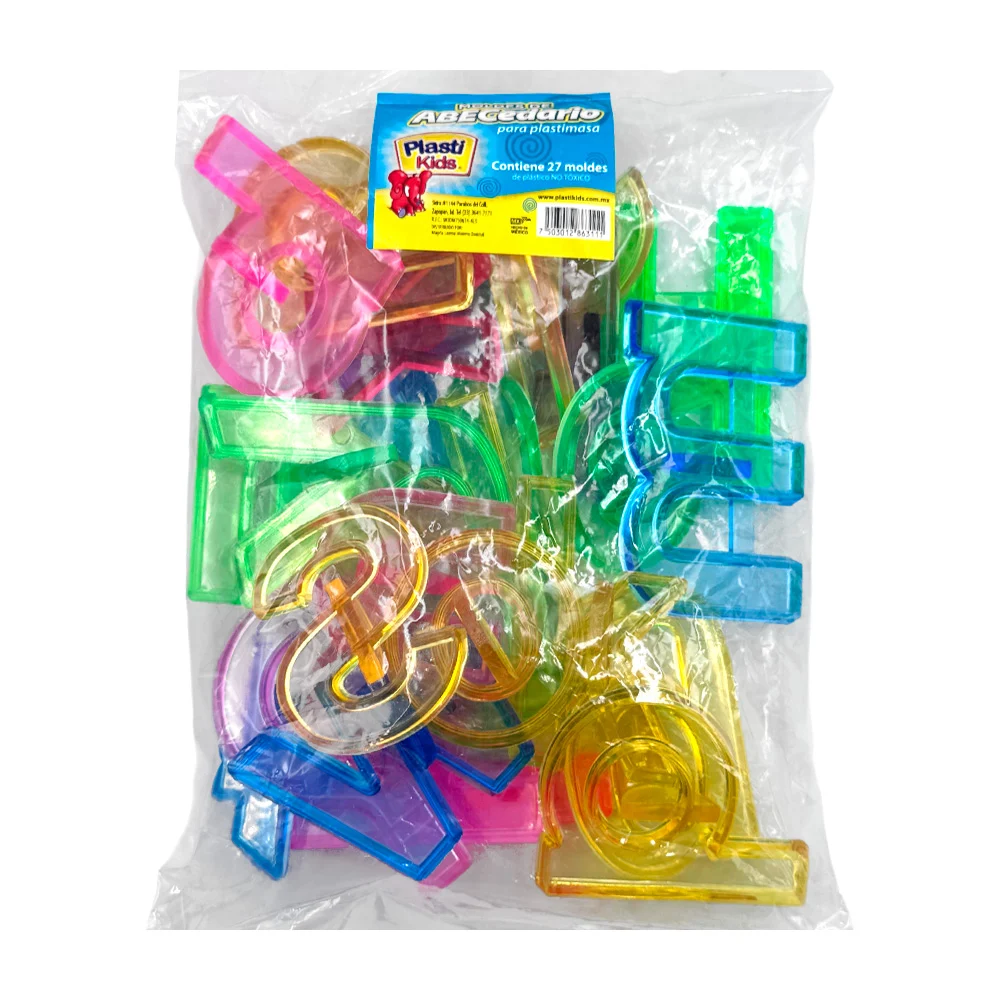 Paquete con 27 moldes para plastimasa plasti kids con forma del abecedario 63111
