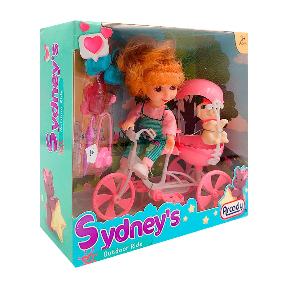 Muñeca sydneys pequeña con triciclo y accesorios / arz1229