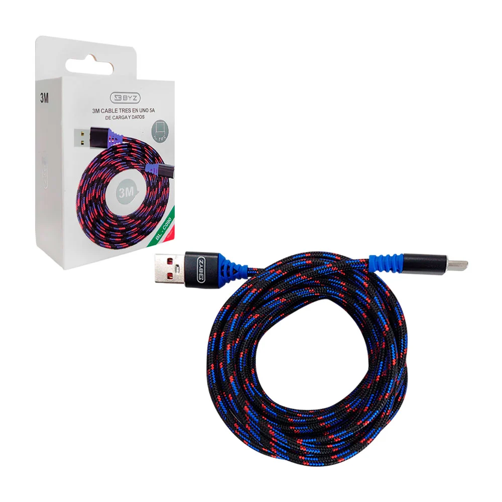 Cable byz para transferencia y carga de datos tipo c 3m tipo agujeta / bl-c090