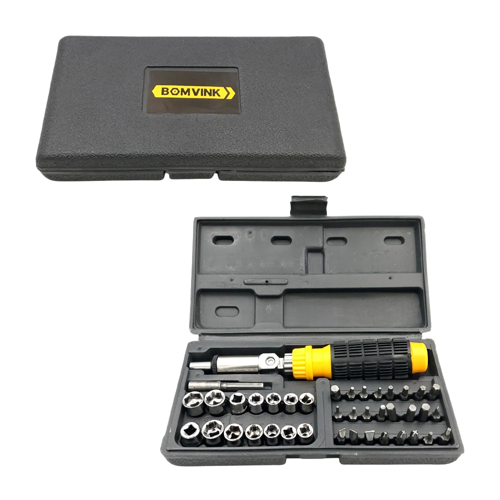Estuche con desarmador / llave de trinquete, dados y puntas intercambiables