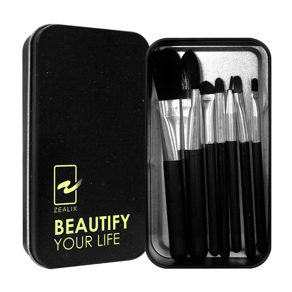 Estuche metálico con 7 brochas chicas de cerdas suaves para maquillaje / beautify your life / zealix