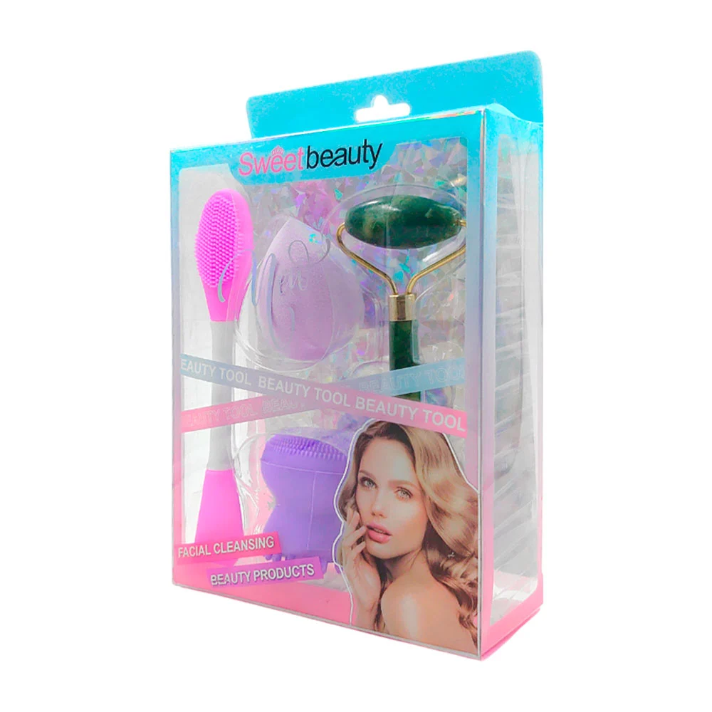 Kit con rodillo facial, esponja de maquillaje y 2 cepillos limpiadores / 037882