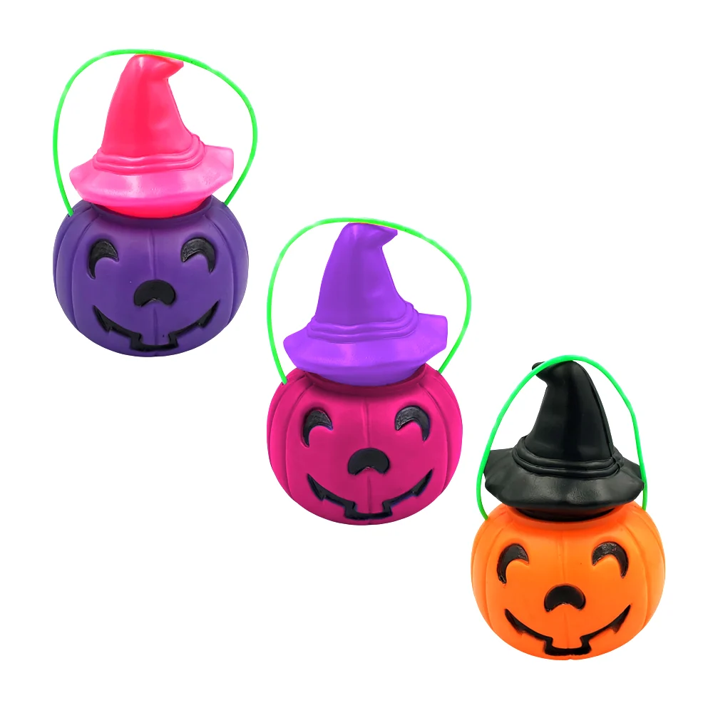 Calabaza mediana con gorro de bruja y sonrisa para pedir dulces, 10cmx13xcmx10cm