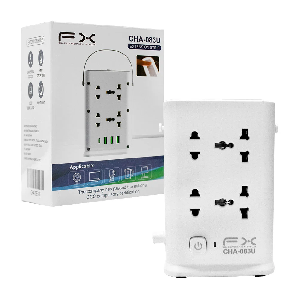 Torre multicontacto con 8 tomacorrientes, tres puertos usb y 1 tipo c