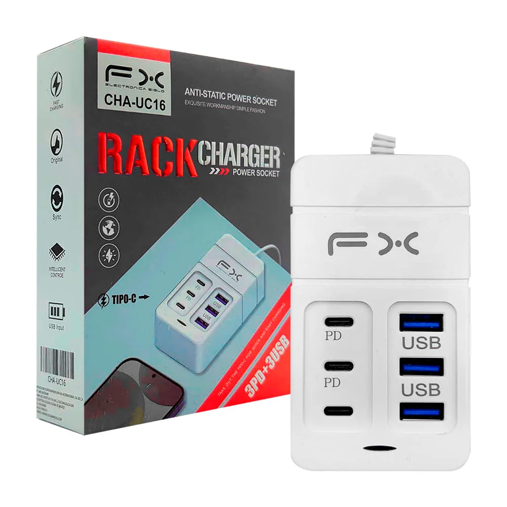Extensión de cargador para teléfonos con 3 puetrtos usb a y 3 usb tipo c / fx