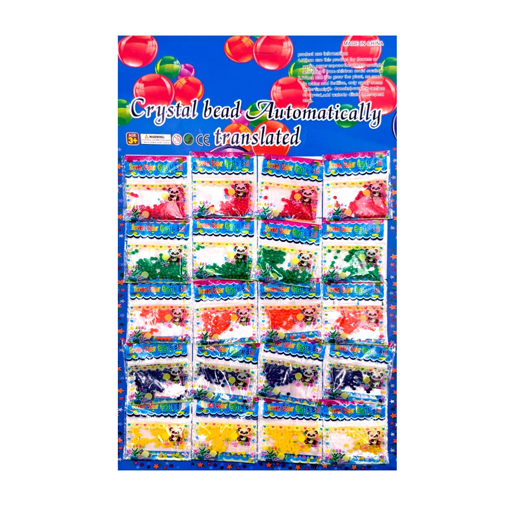 Planilla con 20 sobres pequeño de bolitas de hidrogel, variedad de colores
