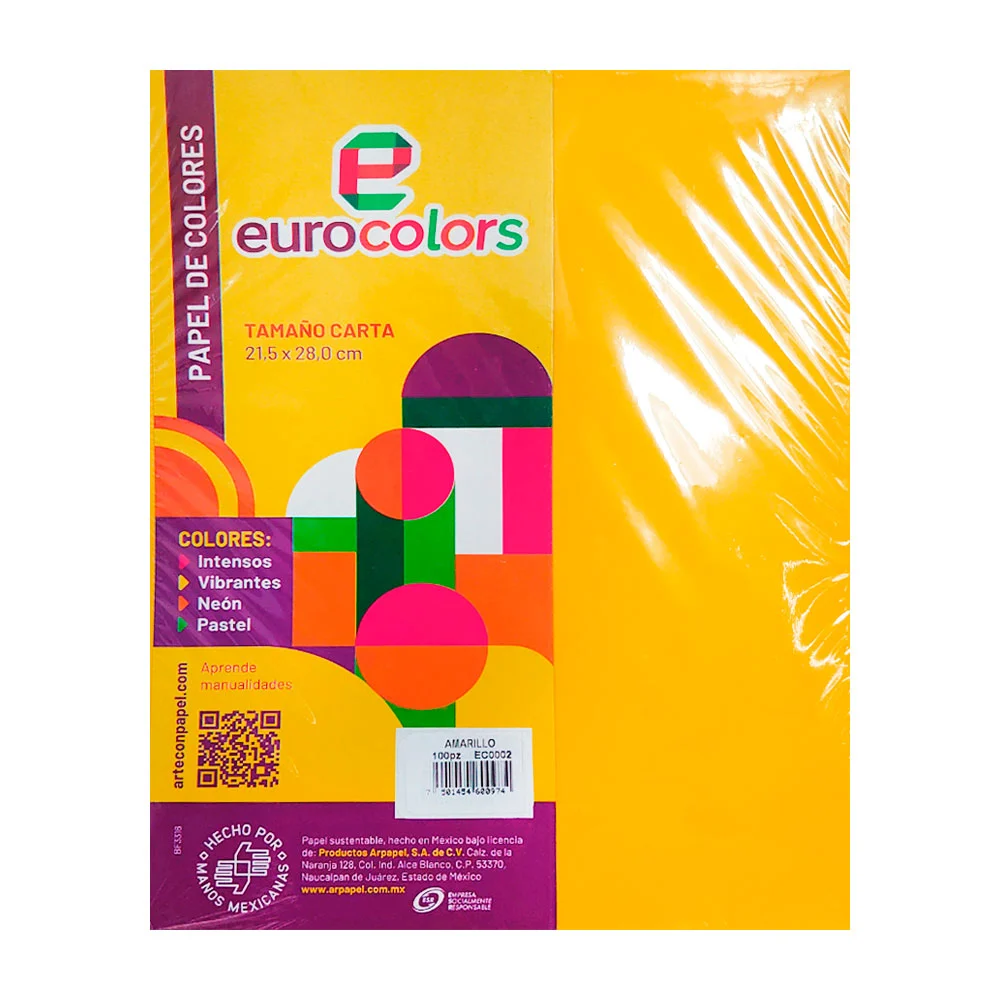 Paquete con 100 hojas eurocolors en tamaño carta en color amarillo / ec0002